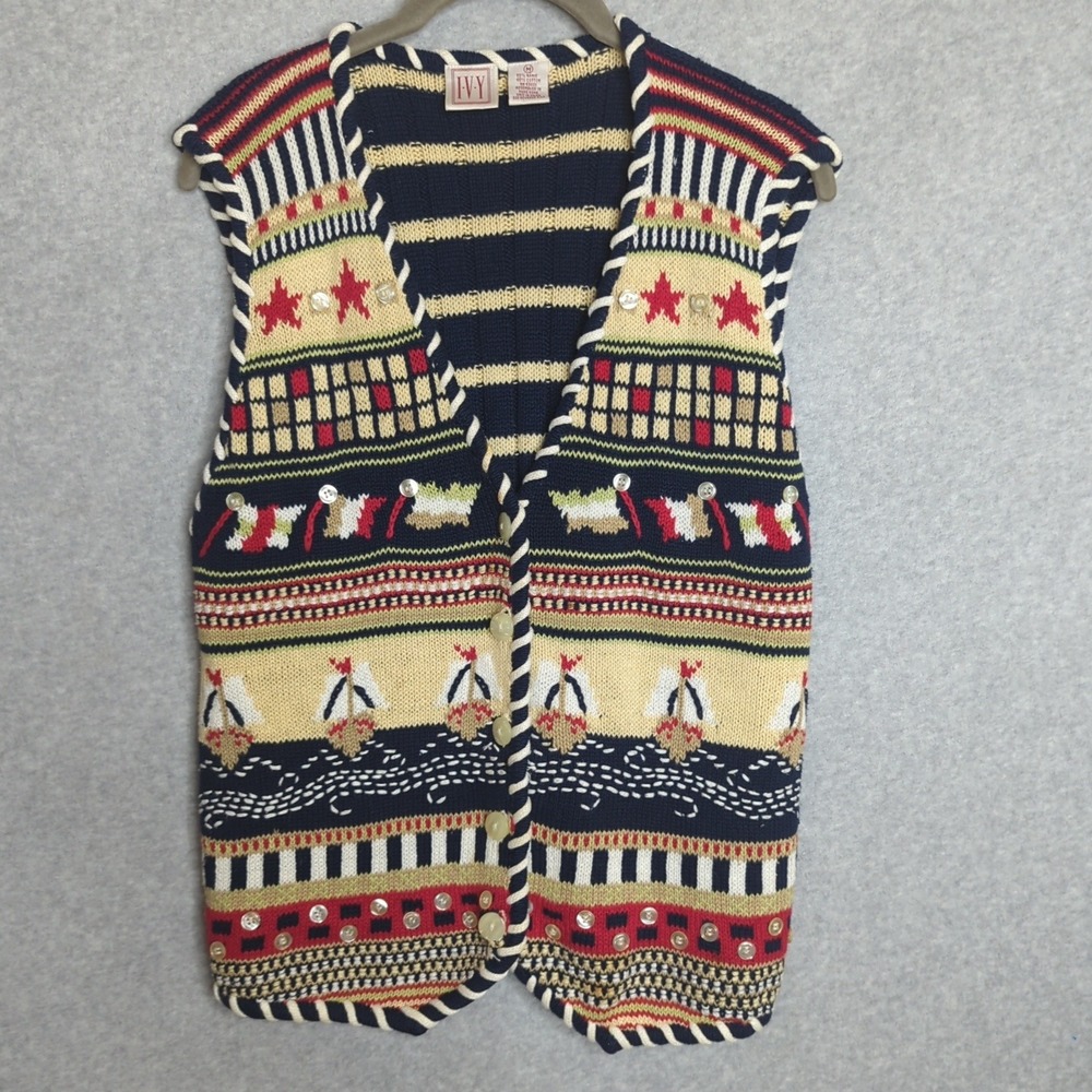 Vintage‎ IVY Nautical Americana Sweater Vest Knit Sleeveless Patriotic M